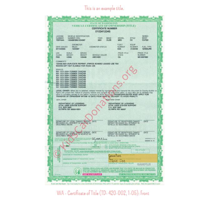 This is an Example of Washington Certificate of Title (TD- 420-002, 1-05) Front View | Kids Car Donations